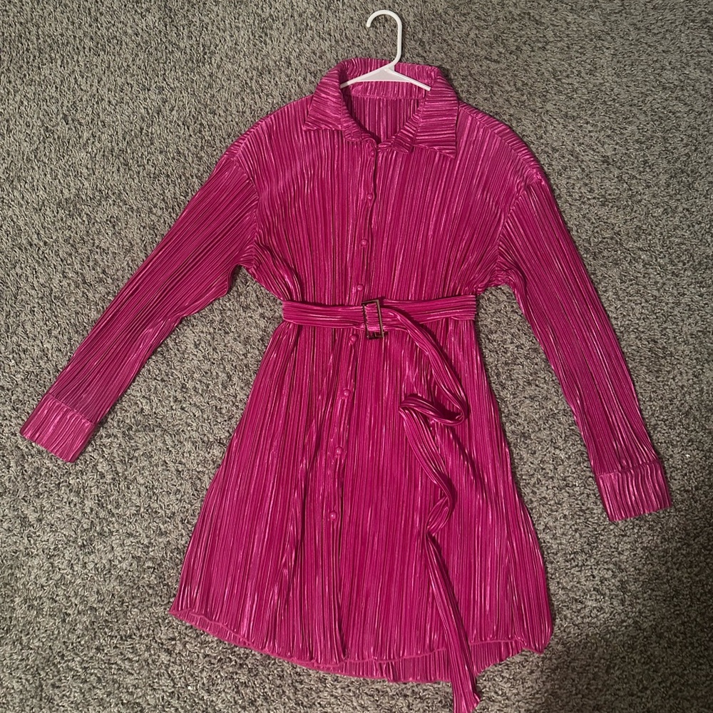 Women Shirt Dress Long Sleeve Pleated Mini Dress with belt